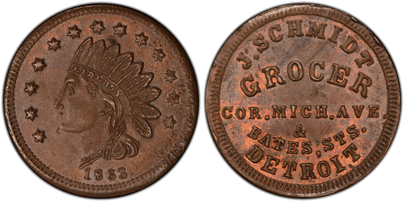 (1863) Copper Civil War Store Card F-225BN-1a, J. Schmidt MI