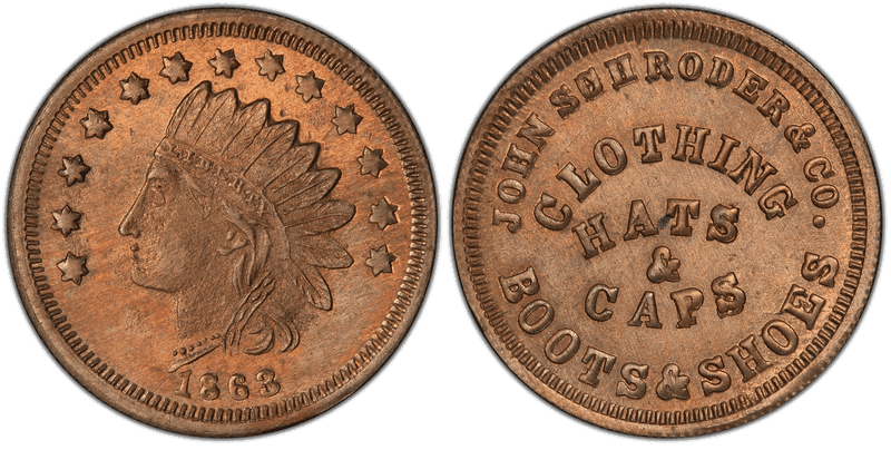 (1863) Copper-Nickel Civil War Store Card F-225BO-5d, John Schroder & Co. MI