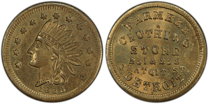 (1863) Brass Civil War Store Card F-225BO-6b, Farmers Clothing Store MI