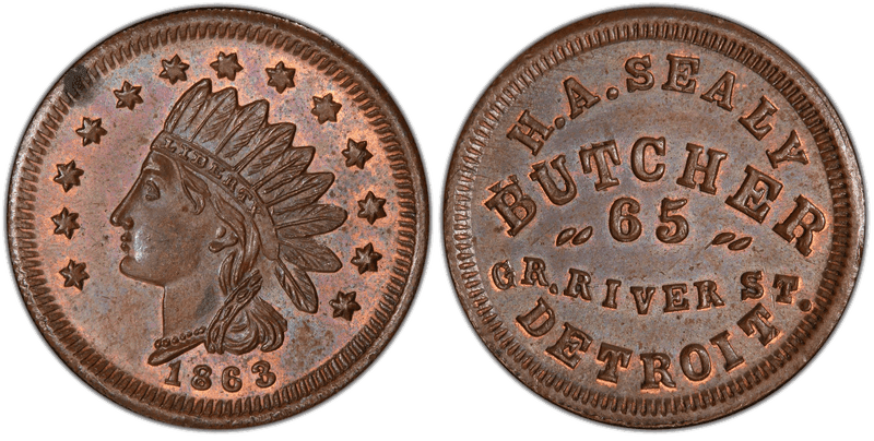 (1863) Copper Civil War Store Card F-225BP-3a, H.A. Sealy MI