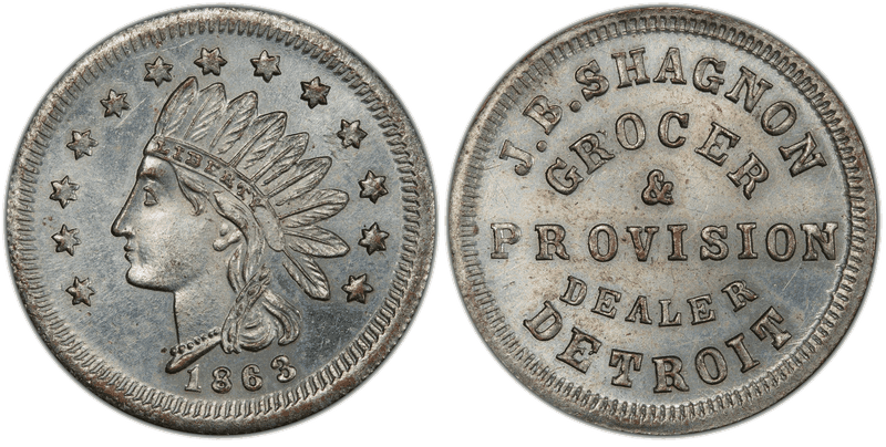 (1863) Zinc Civil War Store Card F-225BR-2i, J.B. Shagnon MI
