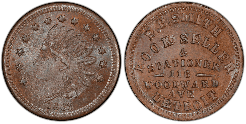 (1863) Copper Civil War Store Card F-225BS-1a, E.B. Smith MI