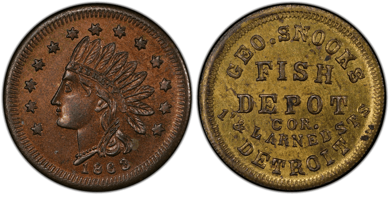 (1863) Civil War Store Card F-225BW-2b, /a Bi-Metallic Geo. Snooks MI