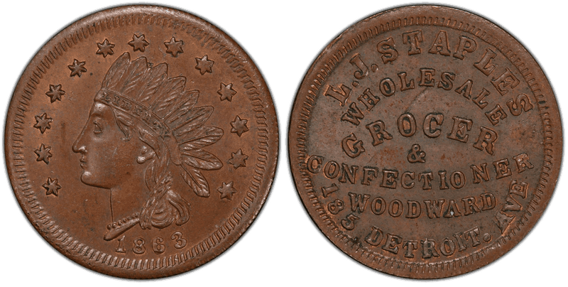 (1863) Copper Civil War Store Card F-225BZ-4a, L.J. Staples MI