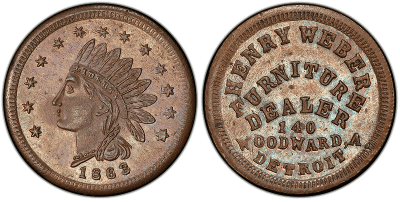 (1863) Copper Civil War Store Card F-225CK-6a, Henry Weber MI