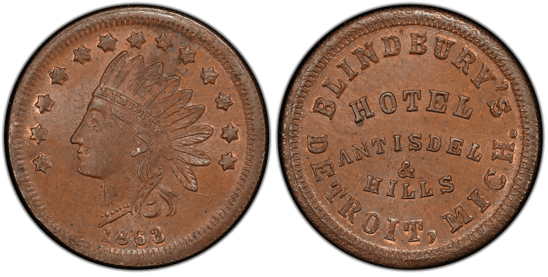 (1863) Copper Civil War Store Card F-225D-1a, Antisdel & Hills MI