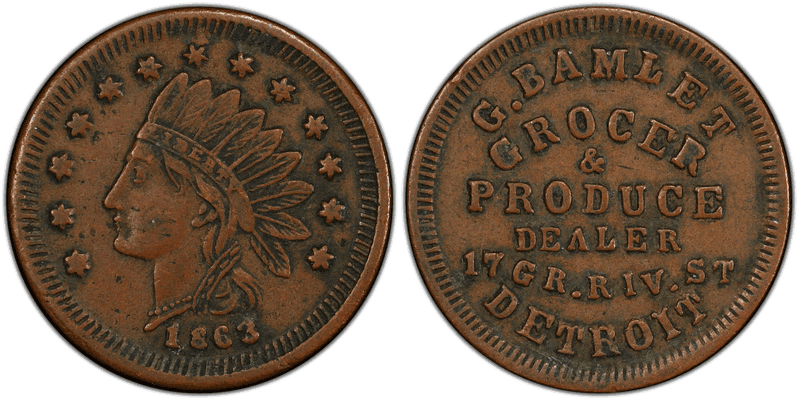 (1863) Copper Civil War Store Card F-225E-1a, G. Bamlet MI