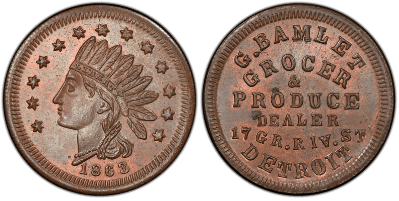 (1863) Copper Civil War Store Card F-225E-2a, G. Bamlet MI