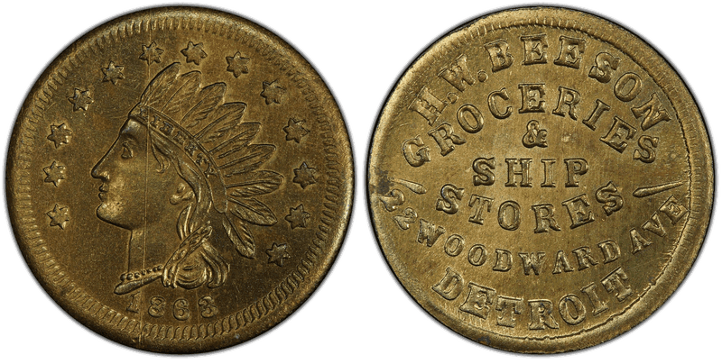 (1863) Brass Civil War Store Card F-225H-3b, H.W. Beeson MI