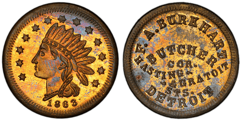 (1863) Brass Civil War Store Card F-225L-3b, F.A. Burkhart MI
