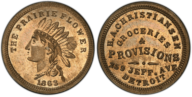 (1863) Copper-Nickel Civil War Store Card F-225O-6d, H.A. Christiansen MI