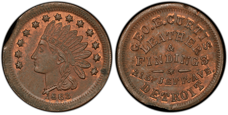 (1863) Copper Civil War Store Card F-225T-1a, Geo. E. Curtis MI