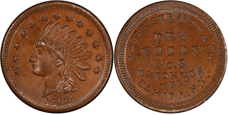 (1863) Copper Civil War Store Card F-230A-1A, Louis Strauss & Co. NY