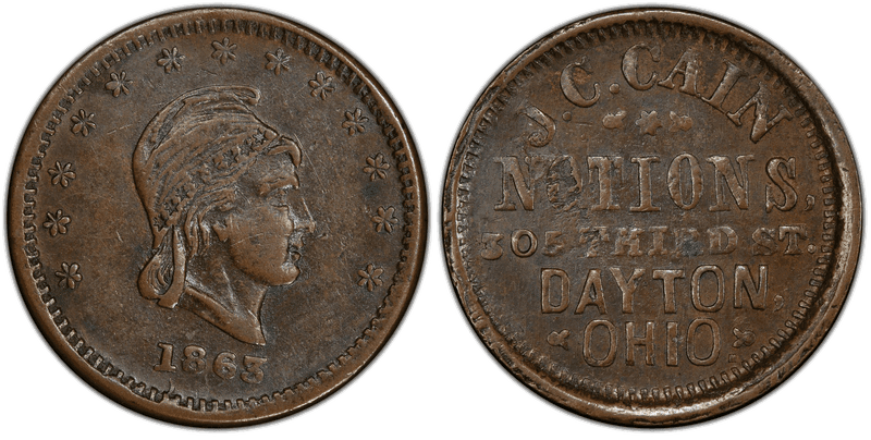 (1863) Copper Civil War Store Card F-230A-1a, J.C. Cain OH