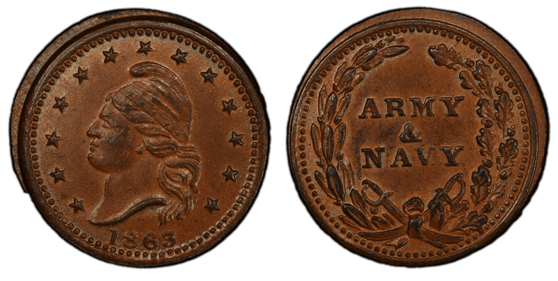 (1863) Copper Civil War Patriotic Token F-23/306a, Army & Navy