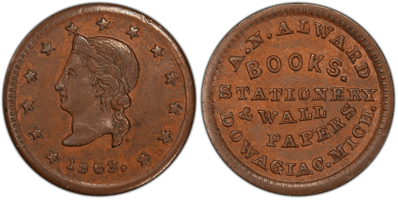 (1863) Copper Civil War Store Card F-250A-1a, A.N. Alward MI