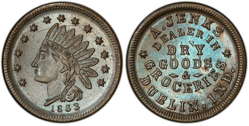 (1863) Copper Civil War Store Card F-250A-1a, A. Jenks IN
