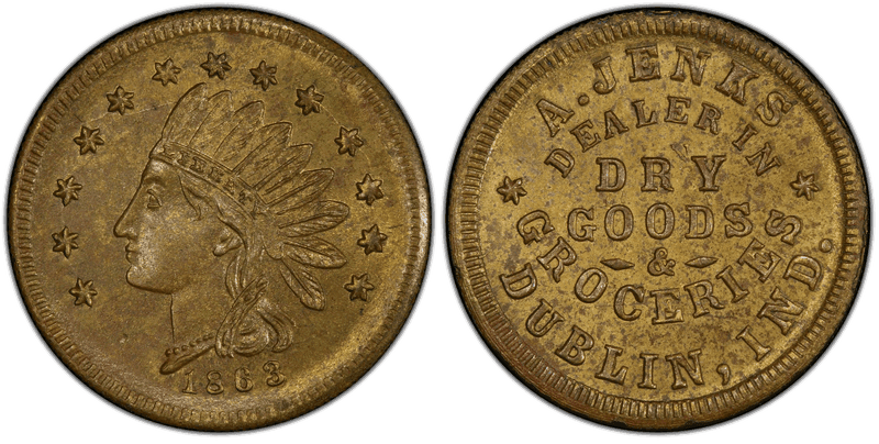 (1863) Brass Civil War Store Card F-250A-1b, A. Jenks IN