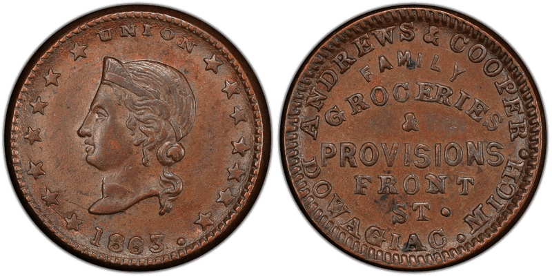 (1863) Copper Civil War Store Card F-250B-2a, Andrews & Cooper MI