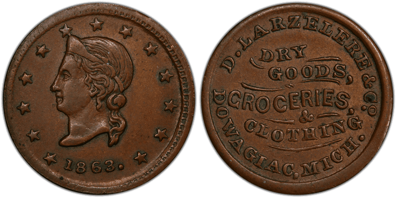 (1863) Copper Civil War Store Card F-250D-1a, D. Larzelere & Co. MI