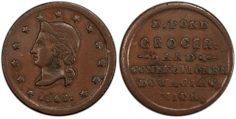 (1863) Copper Civil War Store Card F-250E-1a, D. Pond MI