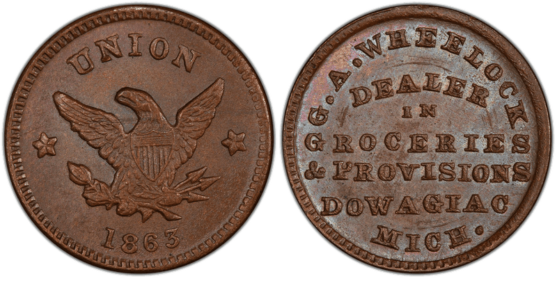 (1863) Copper Civil War Store Card F-250F-2a, G.A. Wheelock MI