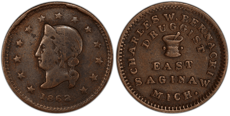 (1863) Copper Civil War Store Card F-280A-2a, Charles W. Bernacki MI