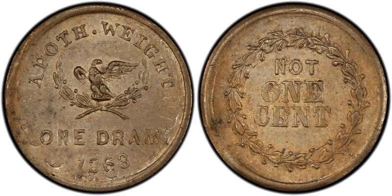 (1863) Brass Civil War Patriotic Token F-286/382, Apoth. Weight, One Dram