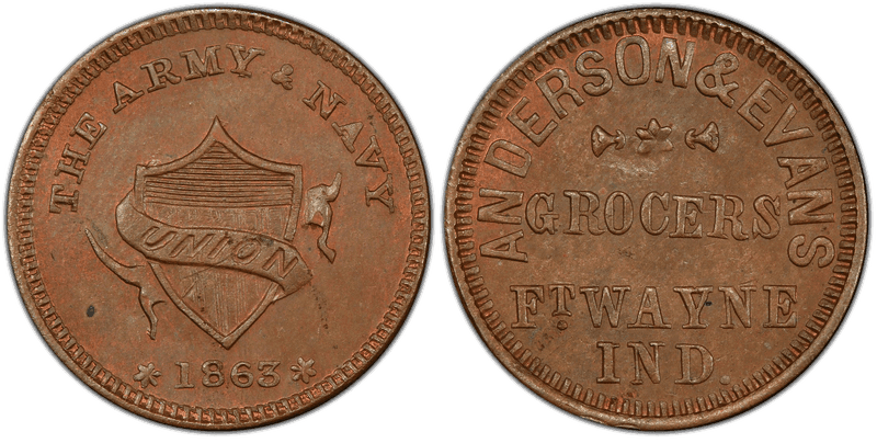 (1863) Copper Civil War Store Card F-290B-1a, Anderson & Evans IN