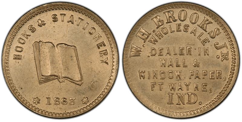 (1863) Copper-Nickel Civil War Store Card F-290E-5d, W.H. Brooks Jr. IN