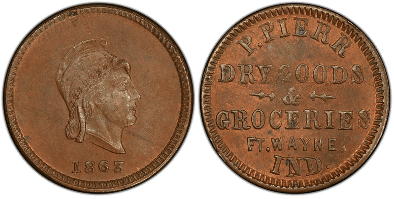 (1863) Copper Civil War Store Card F-290G-1a, P. Pierr IN