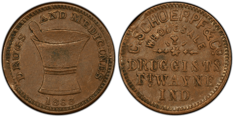 (1863) Copper Civil War Store Card F-290H-1a, C. Schoerpf & Co. IN