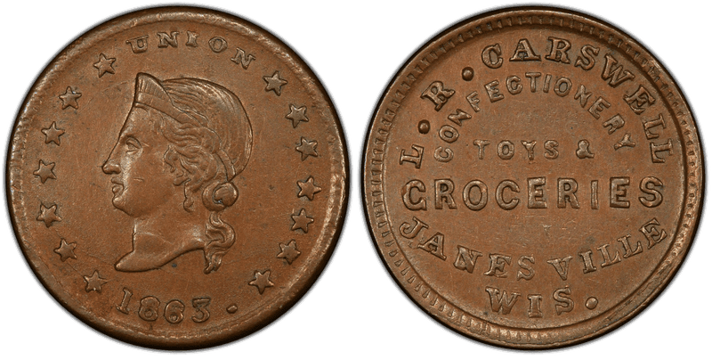 (1863) Copper Civil War Store Card F-300B-1a, L.R. Carswell WI