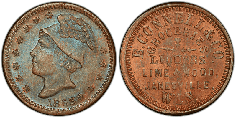 (1863) Copper Civil War Store Card F-300D-3a, E. Connell & Co. WI