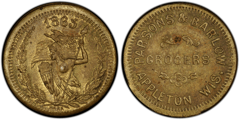 (1863) Brass Civil War Store Card F-30A-3b, Parsons & Barlow WI