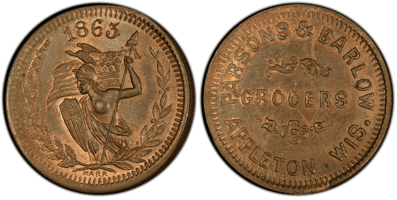 (1863) Copper-Nickel Civil War Store Card F-30A-3d, Parsons & Barlow WI