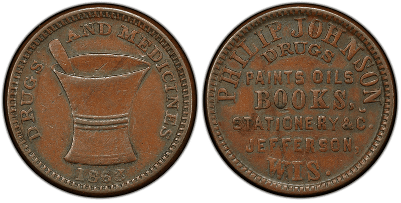 (1863) Copper Civil War Store Card F-310A-1a, Philip Johnson WI