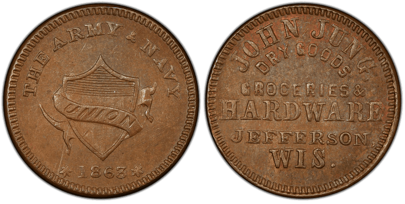 (1863) Copper Civil War Store Card F-310B-1a, John Jung WI