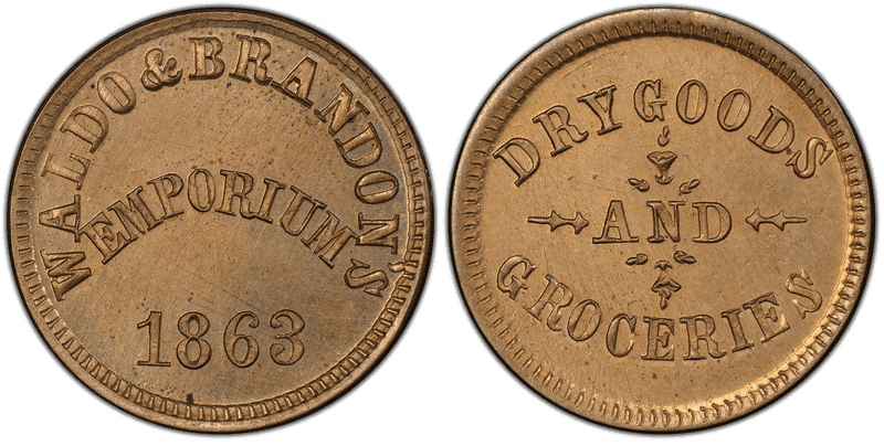 (1863) Copper-Nickel Civil War Store Card F-310F-1d, Waldo & Brandon's WI