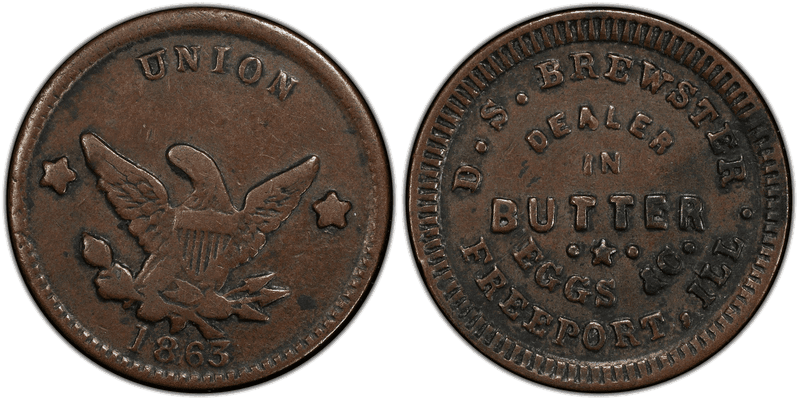 (1863) Copper Civil War Store Card F-320B-1a, D.S. Brewster IL