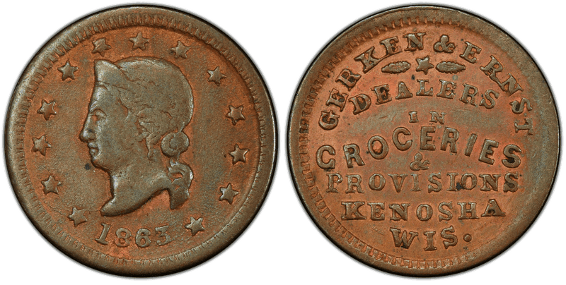 (1863) Copper Civil War Store Card F-330B-2a, Gerken & Ernst WI