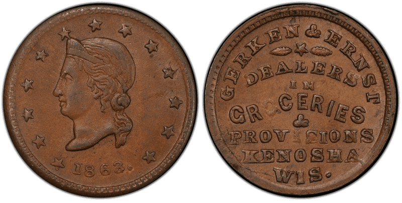 (1863) Copper Civil War Store Card F-330B-4a, Gerken & Ernst WI