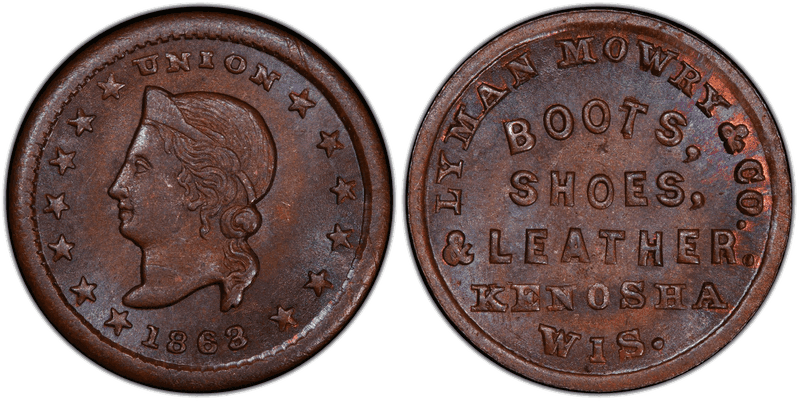 (1863) Copper Civil War Store Card F-330D-1a, Lyman Mowry & Co. WI