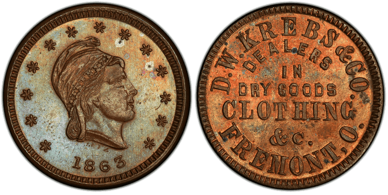 (1863) Copper Civil War Store Card F-330F-2a, D.W. Krebs & Co. OH