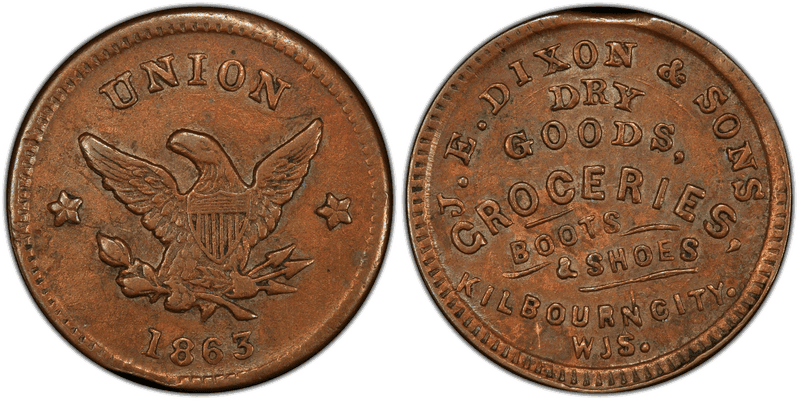 (1863) Copper Civil War Store Card F-340A-1a, J.E. Dixon & Sons WI