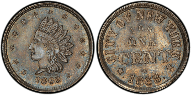 (1863) Silver Civil War Store Card F-345A-1fo, City of New York I.O.U. NY