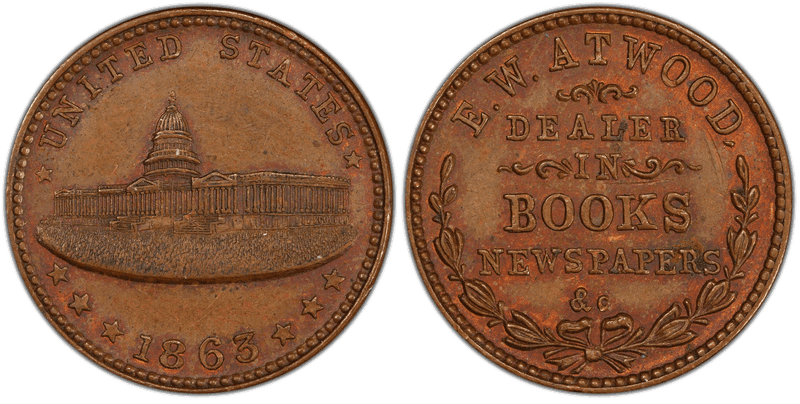 (1863) Copper Civil War Store Card F-35A-2A, E.W. Atwood CT