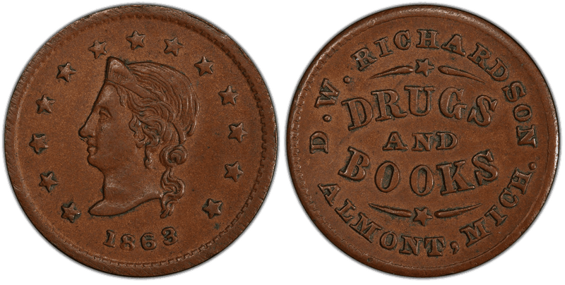 (1863) Copper Civil War Store Card F-35A-2a, D.W. Richardson MI
