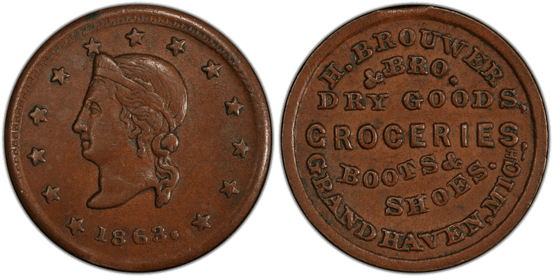 (1863) Copper Civil War Store Card F-360A-1a, H. Brouwer & Bro. MI