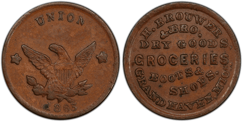 (1863) Copper Civil War Store Card F-360A-3a, H. Brouwer & Bro. MI